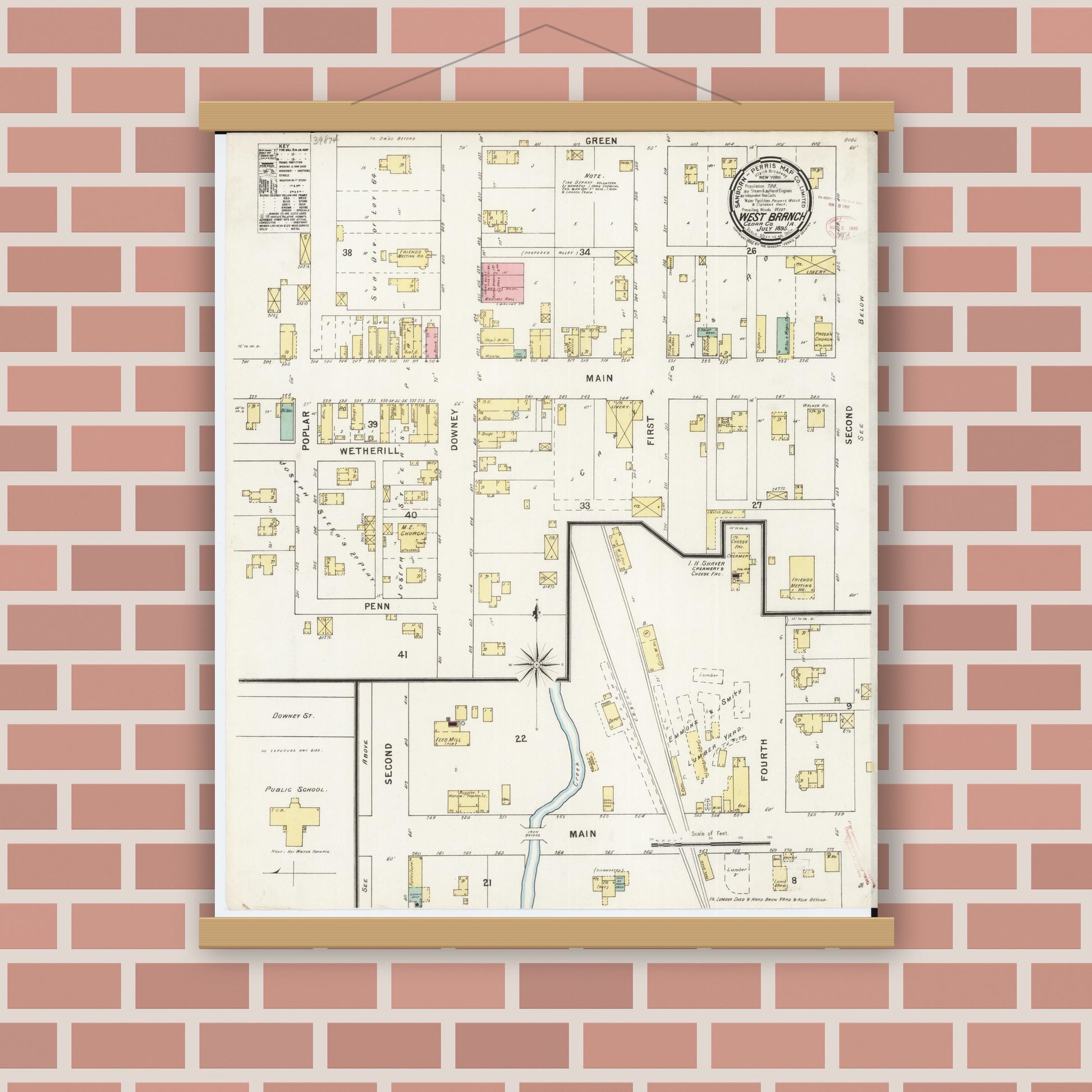 Old map wall art mockup — magnetic wood frame on brick wall — Sanborn Fire Insurance Map from West Branch, Cedar County, Iowa (1895), Sheet #0001