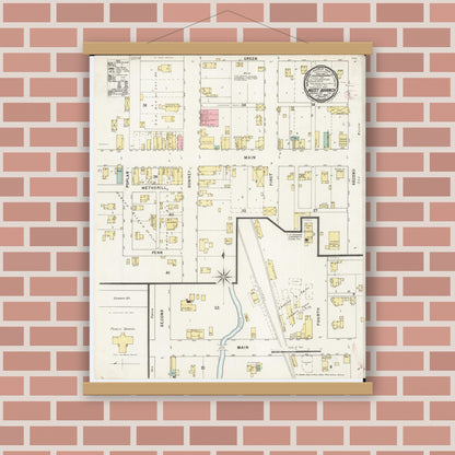 Old map wall art mockup — magnetic wood frame on brick wall — Sanborn Fire Insurance Map from West Branch, Cedar County, Iowa (1895), Sheet #0001
