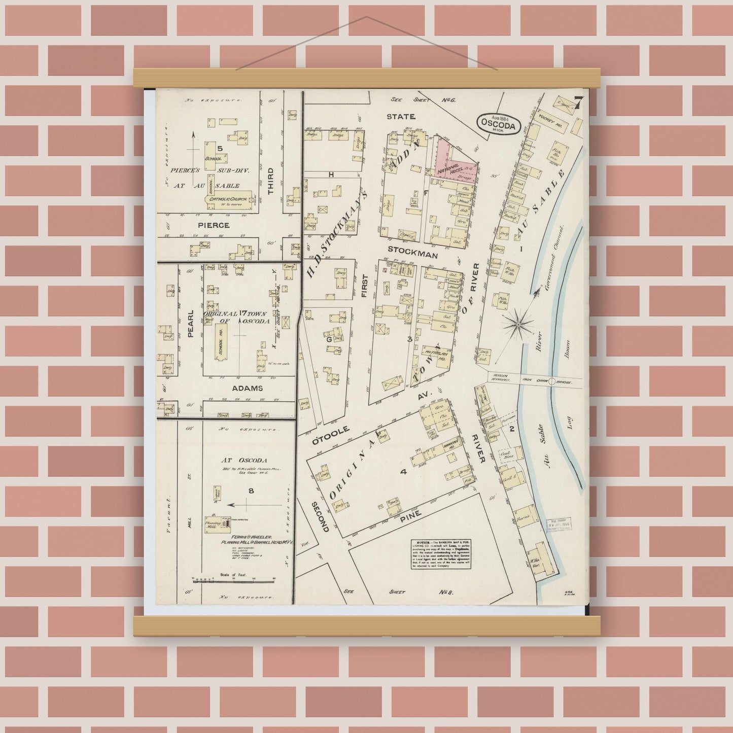 Old map wall art mockup — magnetic wood frame on brick wall — Sanborn Fire Insurance Map from Oscoda, Iosco County, Michigan (1884), Sheet #0007