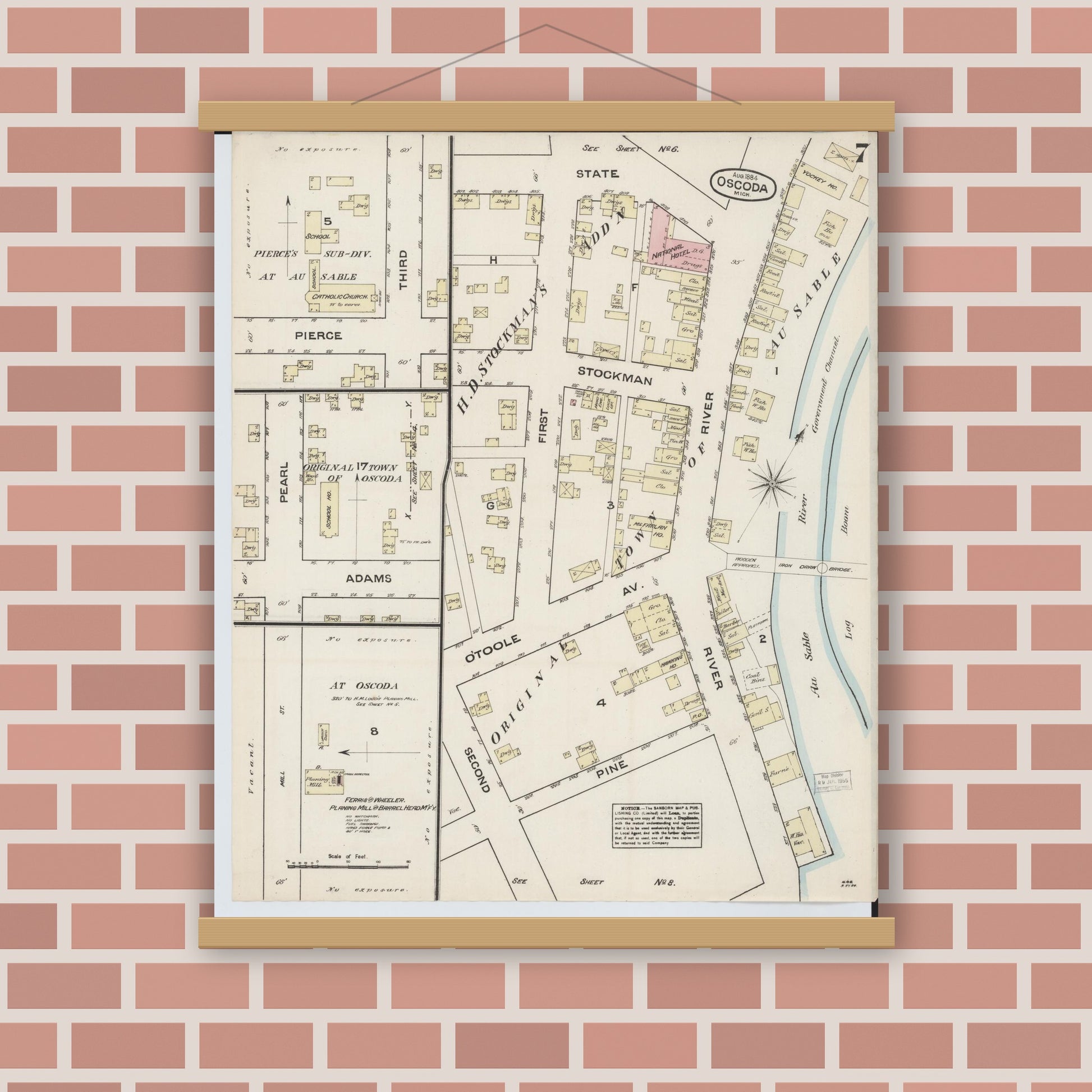 Old map wall art mockup — magnetic wood frame on brick wall — Sanborn Fire Insurance Map from Oscoda, Iosco County, Michigan (1884), Sheet #0007