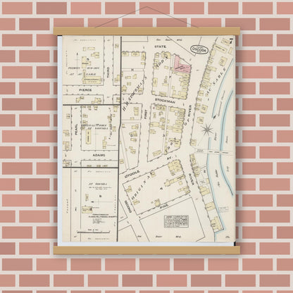 Old map wall art mockup — magnetic wood frame on brick wall — Sanborn Fire Insurance Map from Oscoda, Iosco County, Michigan (1884), Sheet #0007