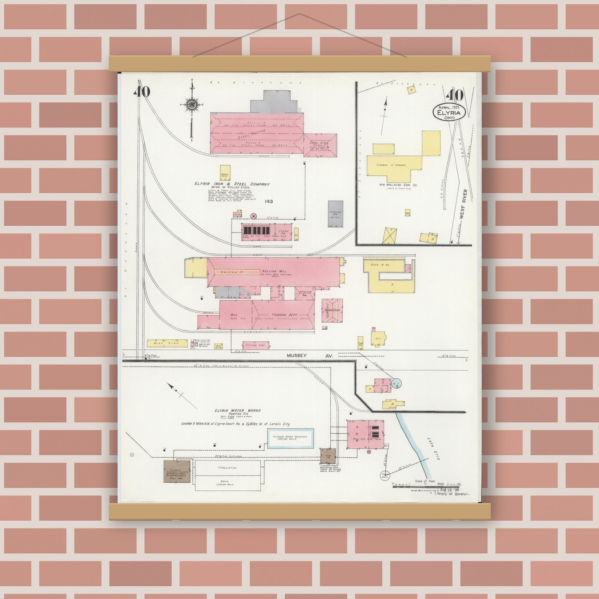 Old map wall art mockup — magnetic wood frame on brick wall — Sanborn Fire Insurance Map from Elyria, Lorain County, Ohio (1925), Sheet #0040