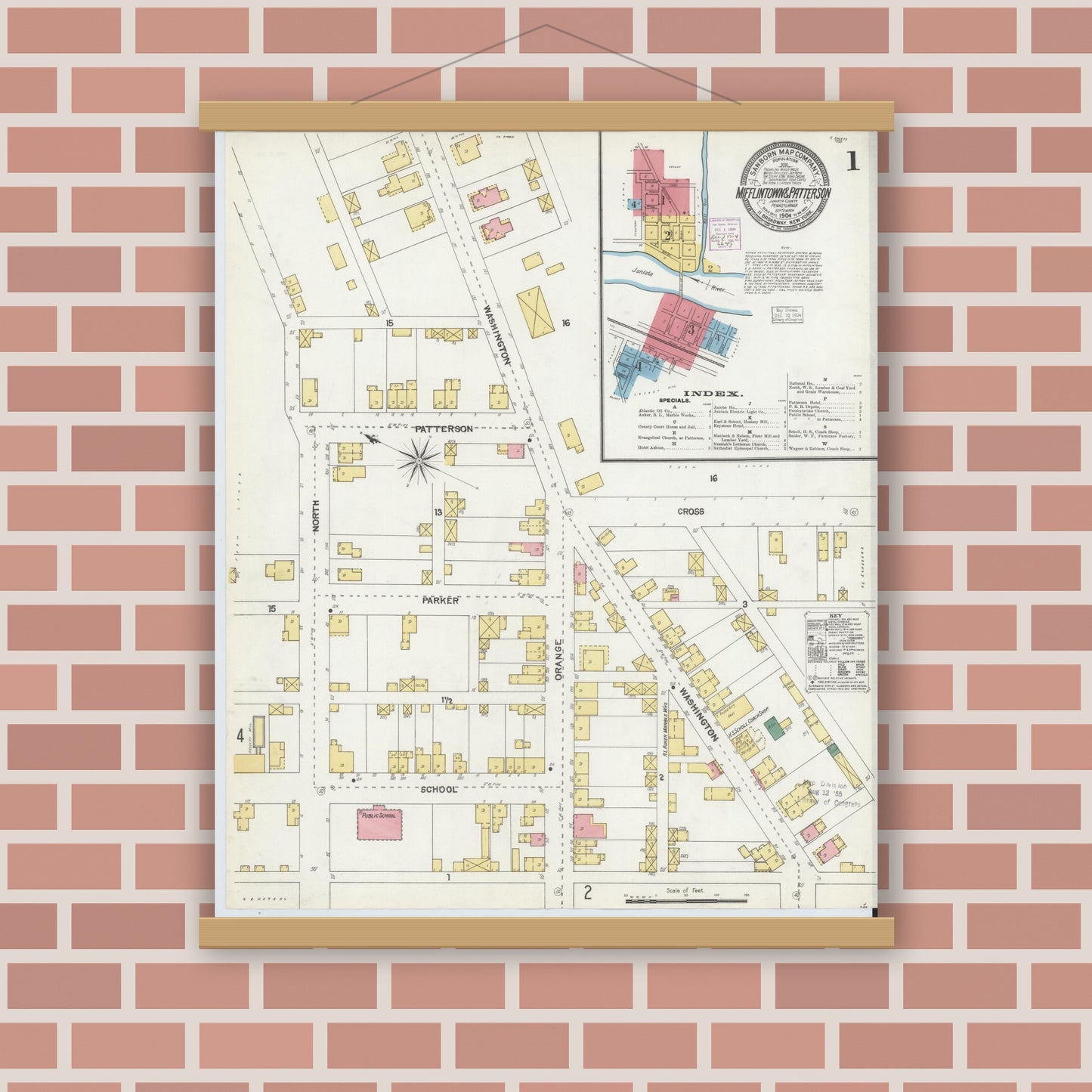 Old map wall art mockup — magnetic wood frame on brick wall — Sanborn Fire Insurance Map from Mifflintown, Juniata County, Pennsylvania (1904) - Complete Map Set