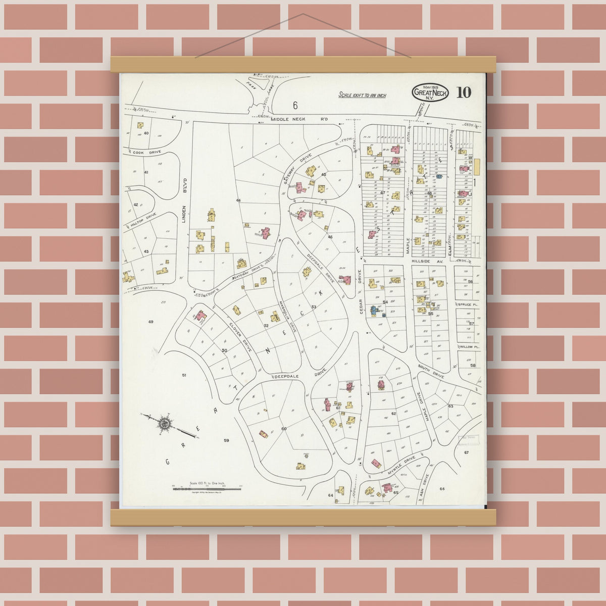Old map wall art mockup — magnetic wood frame on brick wall — Sanborn Fire Insurance Map from Great Neck, Nassau County, New York (1919), Sheet #0010