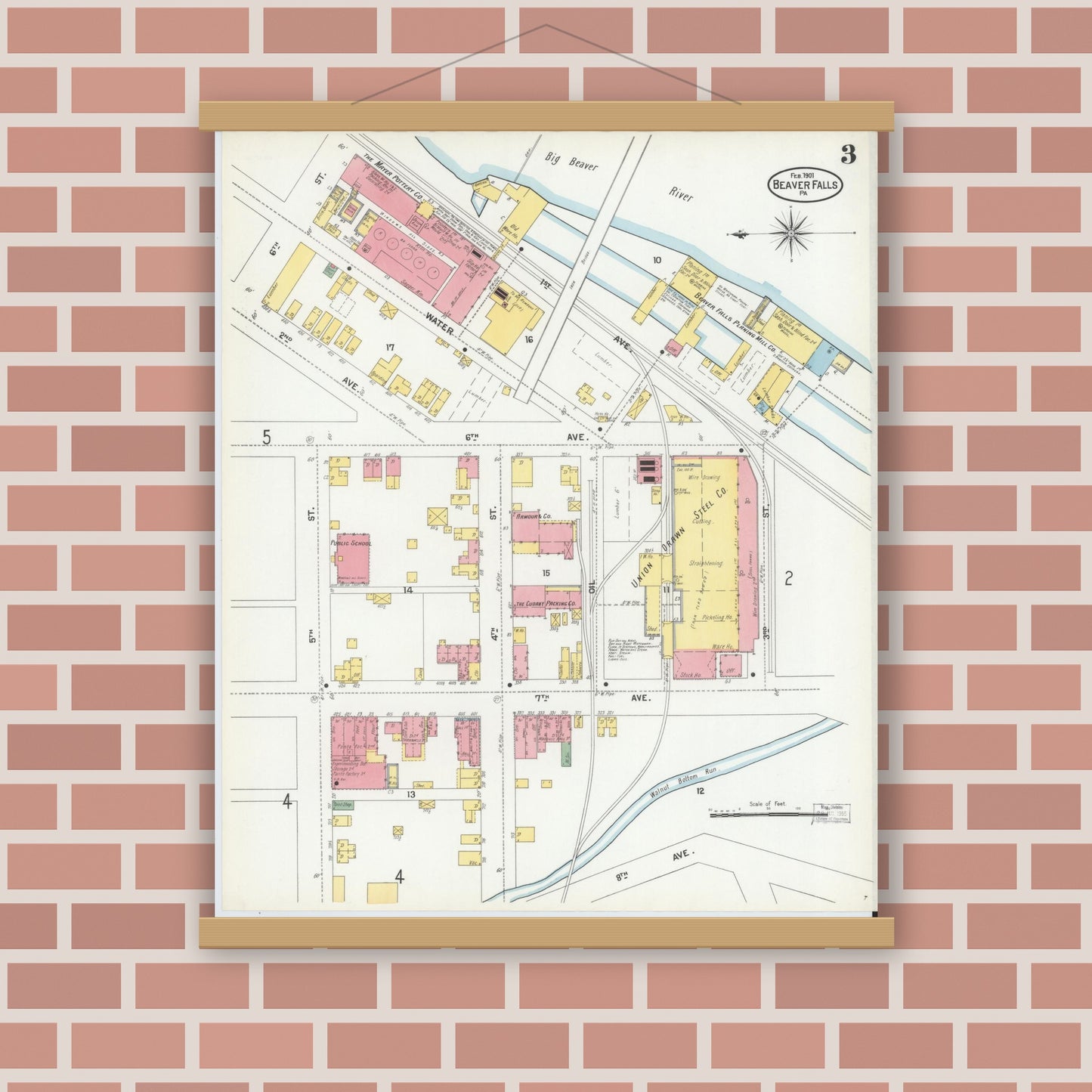 Old map wall art mockup — magnetic wood frame on brick wall — Sanborn Fire Insurance Map from Beaver Falls, Beaver County, Pennsylvania (1901), Sheet #0003