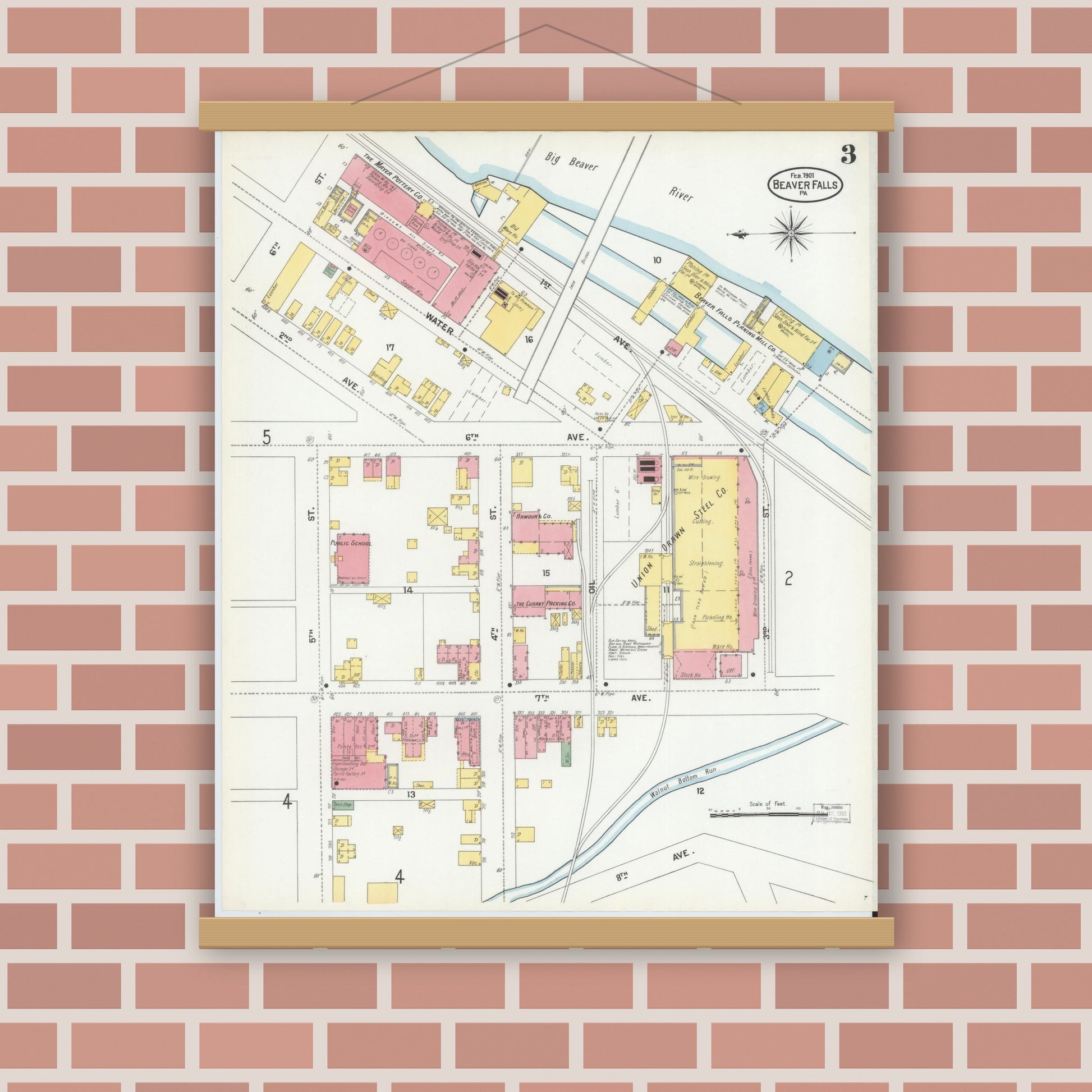 Old map wall art mockup — magnetic wood frame on brick wall — Sanborn Fire Insurance Map from Beaver Falls, Beaver County, Pennsylvania (1901), Sheet #0003