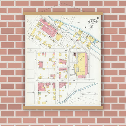 Old map wall art mockup — magnetic wood frame on brick wall — Sanborn Fire Insurance Map from Beaver Falls, Beaver County, Pennsylvania (1901), Sheet #0003