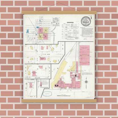 Old map wall art mockup — magnetic wood frame on brick wall — Sanborn Fire Insurance Map from Vandalia, Fayette County, Illinois (1912) - Complete Map Set
