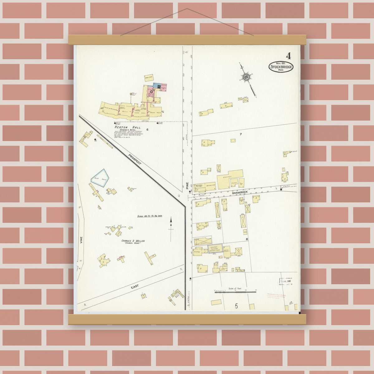Old map wall art mockup — magnetic wood frame on brick wall — Sanborn Fire Insurance Map from Stockbridge, Berkshire County, Massachusetts (1911), Sheet #0004