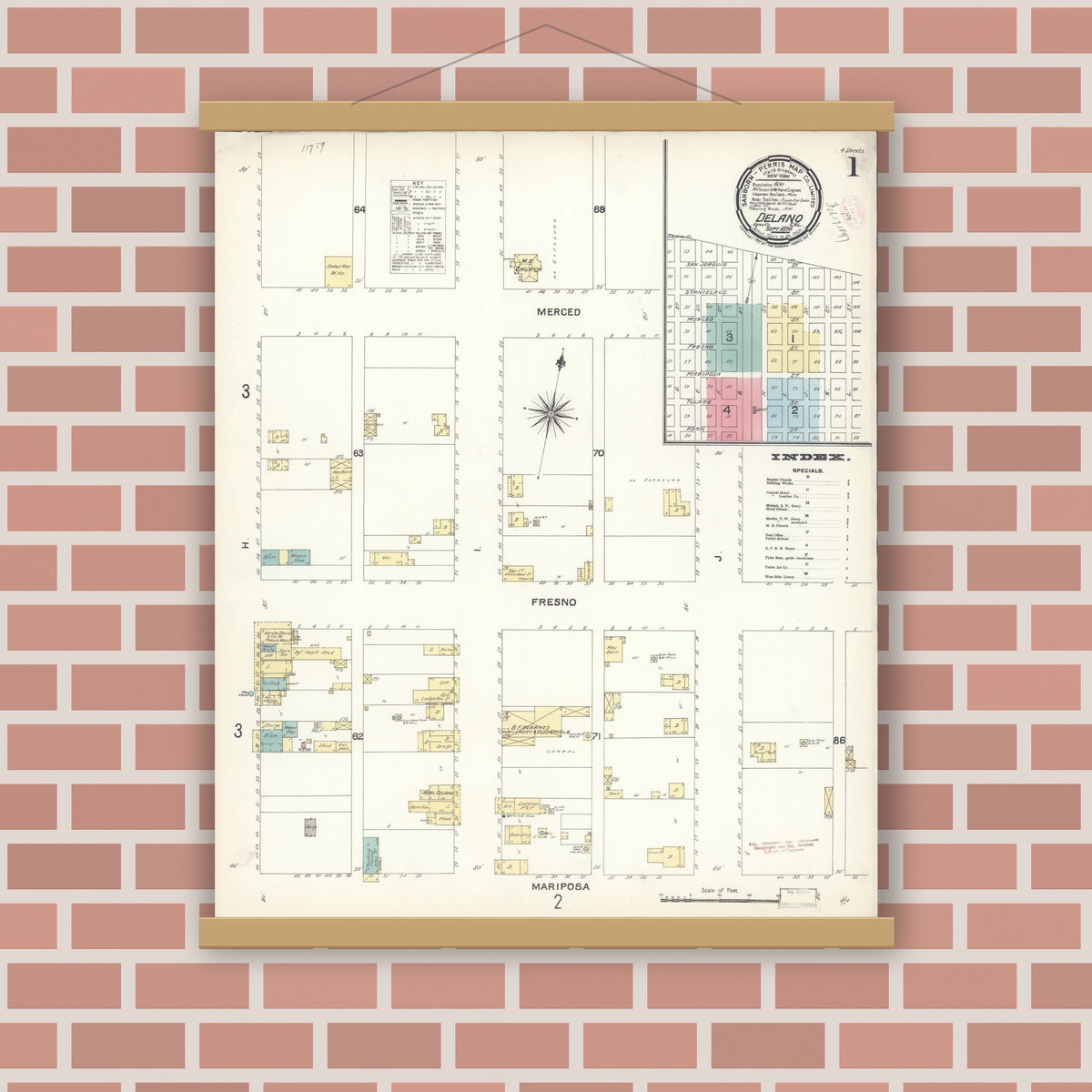 Old map wall art mockup — magnetic wood frame on brick wall — Sanborn Fire Insurance Map from Delano, Kern County, California (1896) - Complete Map Set