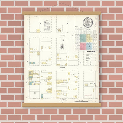 Old map wall art mockup — magnetic wood frame on brick wall — Sanborn Fire Insurance Map from Delano, Kern County, California (1896) - Complete Map Set