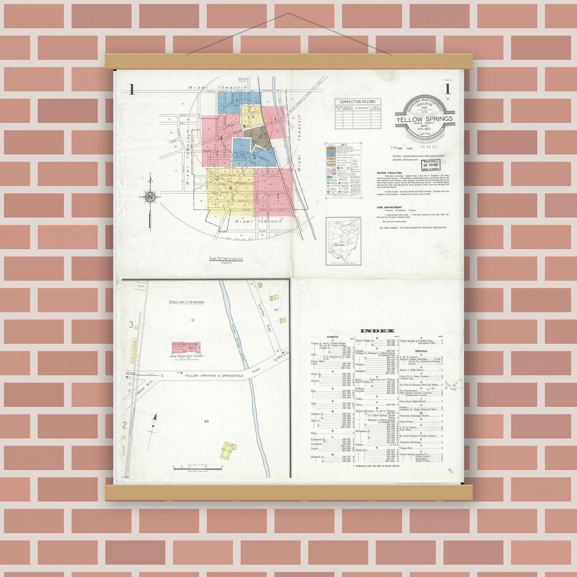 Old map wall art mockup — magnetic wood frame on brick wall — Sanborn Fire Insurance Map from Yellow Springs, Greene County, Ohio (1937), Sheet #0001