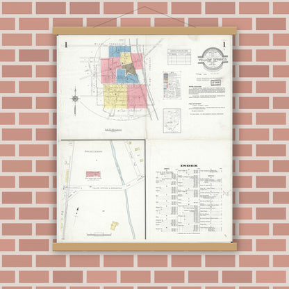 Old map wall art mockup — magnetic wood frame on brick wall — Sanborn Fire Insurance Map from Yellow Springs, Greene County, Ohio (1937), Sheet #0001