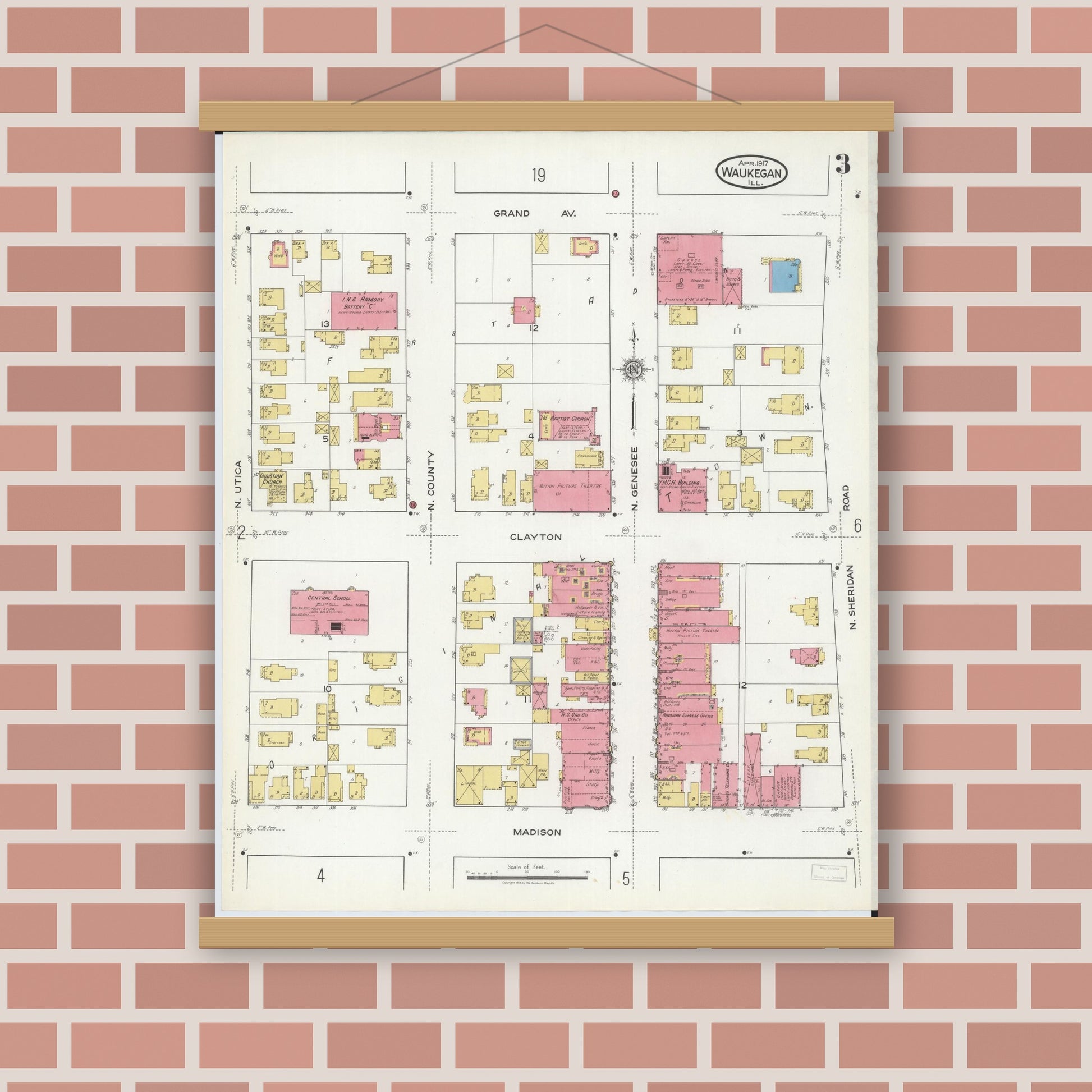Old map wall art mockup — magnetic wood frame on brick wall — Sanborn Fire Insurance Map from Waukegan, Lake County, Illinois (1917), Sheet #0003