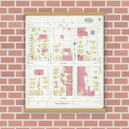 Old map wall art mockup — magnetic wood frame on brick wall — Sanborn Fire Insurance Map from Waukegan, Lake County, Illinois (1917), Sheet #0003
