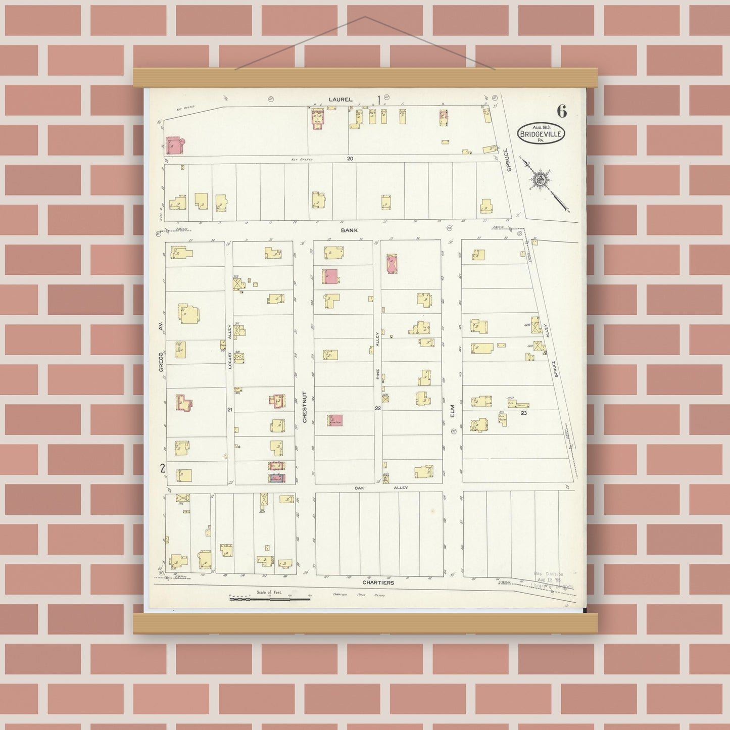 Old map wall art mockup — magnetic wood frame on brick wall — Sanborn Fire Insurance Map from Bridgeville, Allegheny County, Pennsylvania (1913), Sheet #0006
