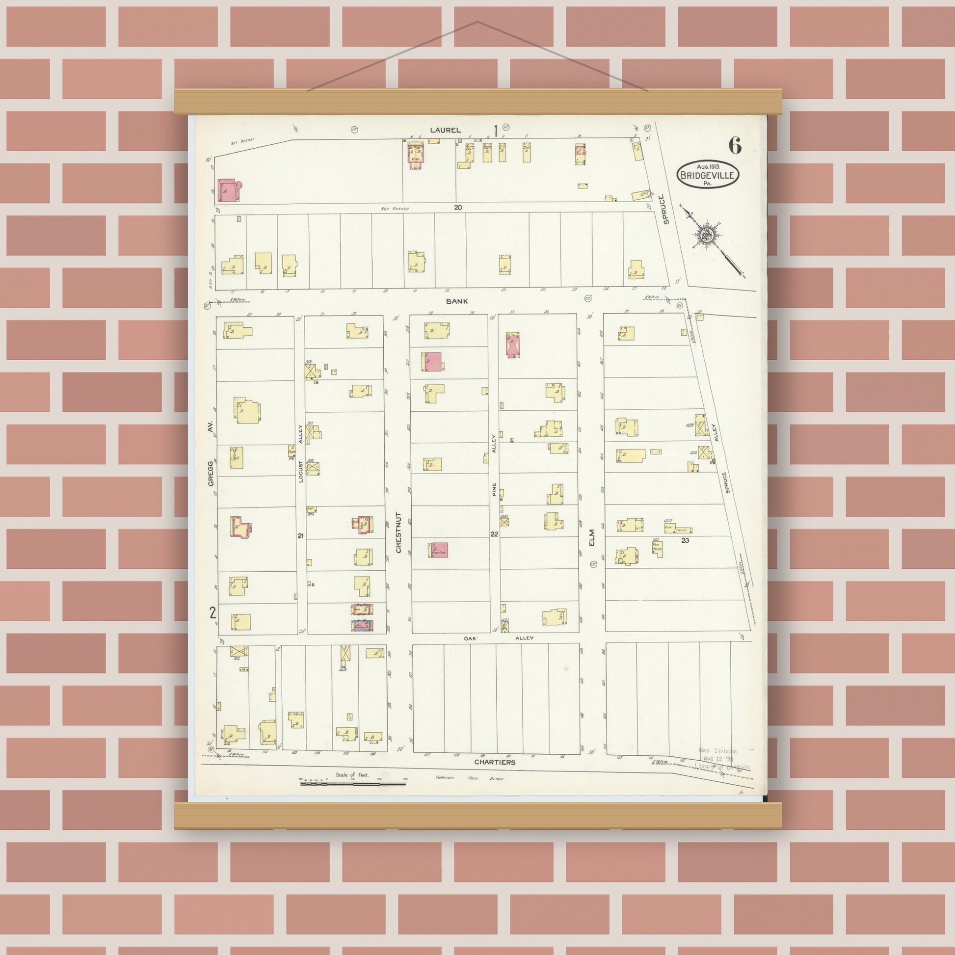 Old map wall art mockup — magnetic wood frame on brick wall — Sanborn Fire Insurance Map from Bridgeville, Allegheny County, Pennsylvania (1913), Sheet #0006