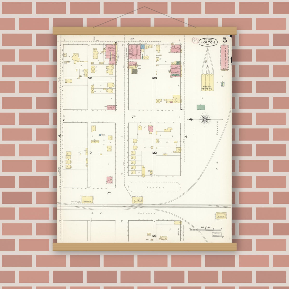 Old map wall art mockup — magnetic wood frame on brick wall — Sanborn Fire Insurance Map from Colton, San Bernardino County, California (1894), Sheet #0005