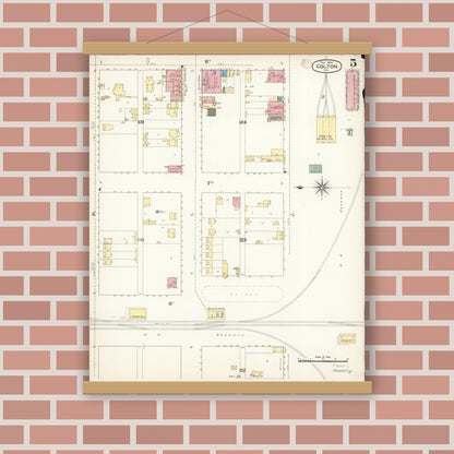 Old map wall art mockup — magnetic wood frame on brick wall — Sanborn Fire Insurance Map from Colton, San Bernardino County, California (1894), Sheet #0005