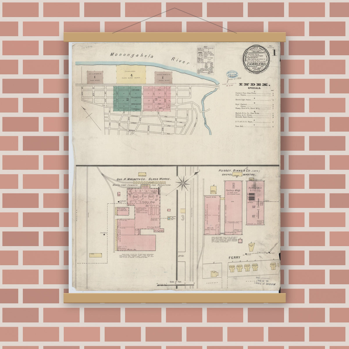 Old map wall art mockup — magnetic wood frame on brick wall — Sanborn Fire Insurance Map from Charleroi, Washington County, Pennsylvania (1894) - Complete Map Set