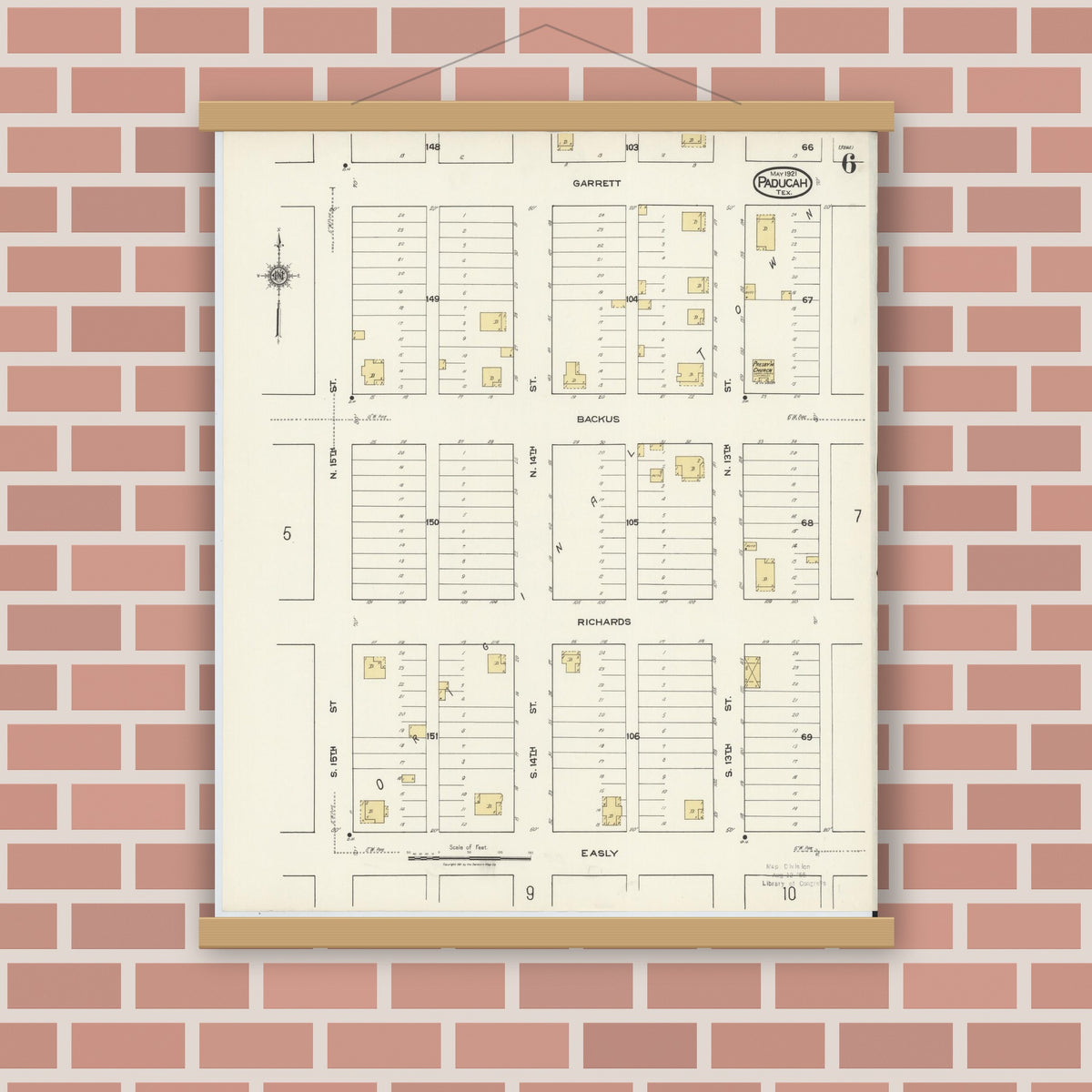 Old map wall art mockup — magnetic wood frame on brick wall — Sanborn Fire Insurance Map from Paducah, Cottle County, Texas (1921), Sheet #0006
