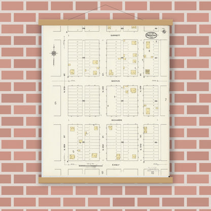 Old map wall art mockup — magnetic wood frame on brick wall — Sanborn Fire Insurance Map from Paducah, Cottle County, Texas (1921), Sheet #0006