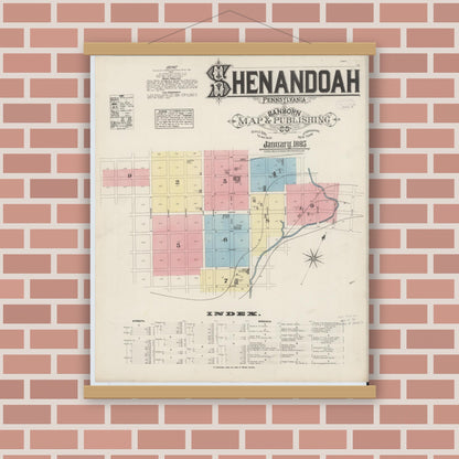 Old map wall art mockup — magnetic wood frame on brick wall — Sanborn Fire Insurance Map from Shenandoah, Schuylkill County, Pennsylvania (1885), Sheet #0001