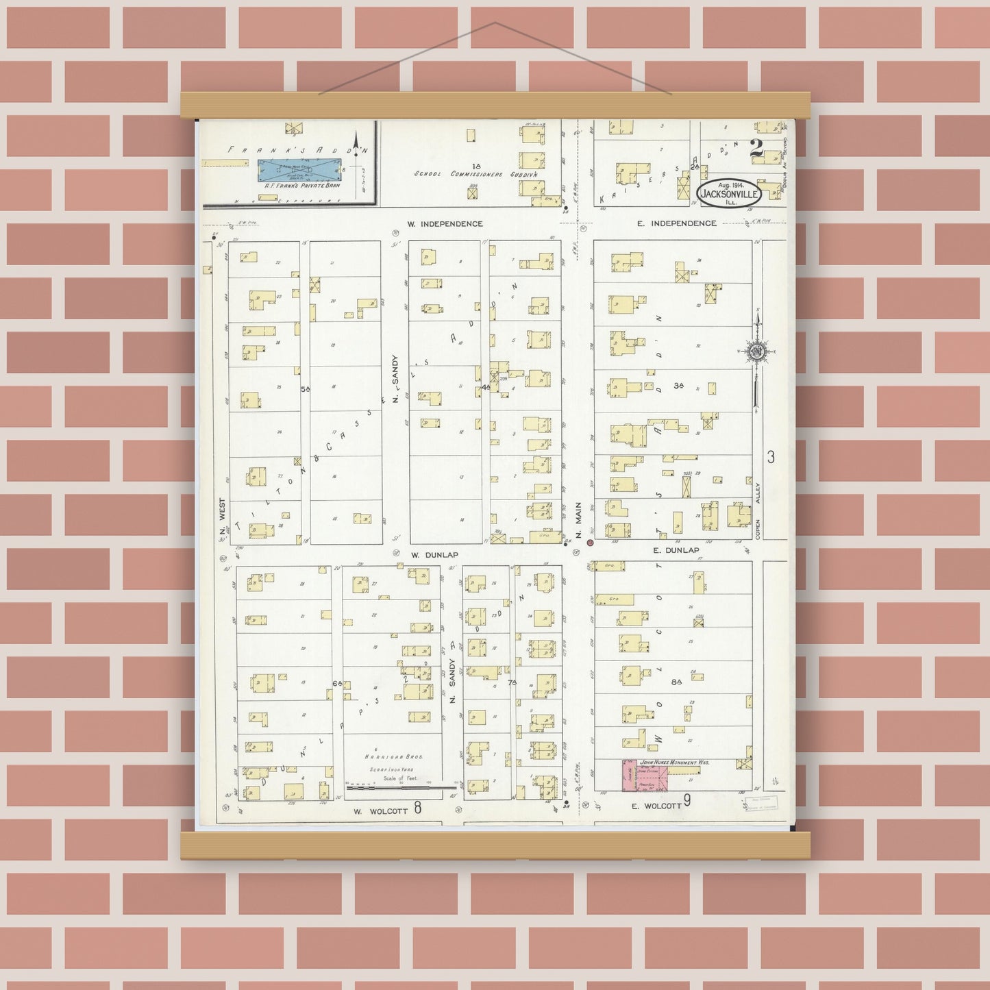 Old map wall art mockup — magnetic wood frame on brick wall — Sanborn Fire Insurance Map from Jacksonville, Morgan County, Illinois (1914), Sheet #0002