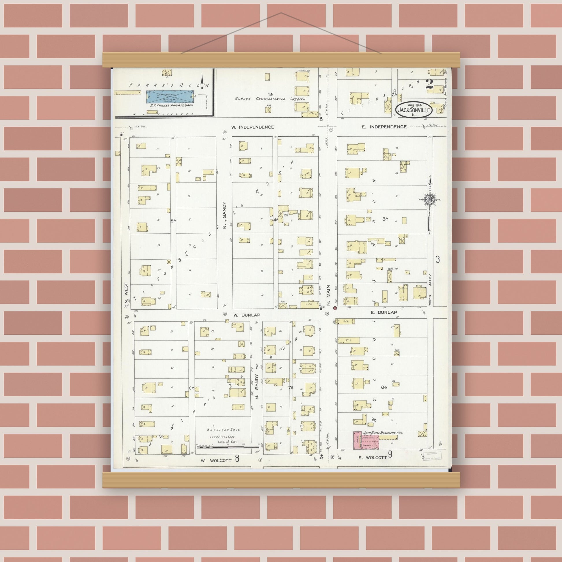 Old map wall art mockup — magnetic wood frame on brick wall — Sanborn Fire Insurance Map from Jacksonville, Morgan County, Illinois (1914), Sheet #0002