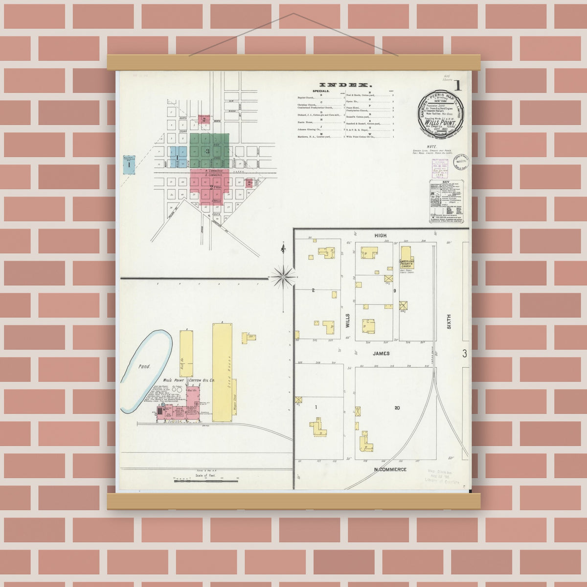 Old map wall art mockup — magnetic wood frame on brick wall — Sanborn Fire Insurance Map from Wills Point, Van Zandt County, Texas (1901) - Complete Map Set
