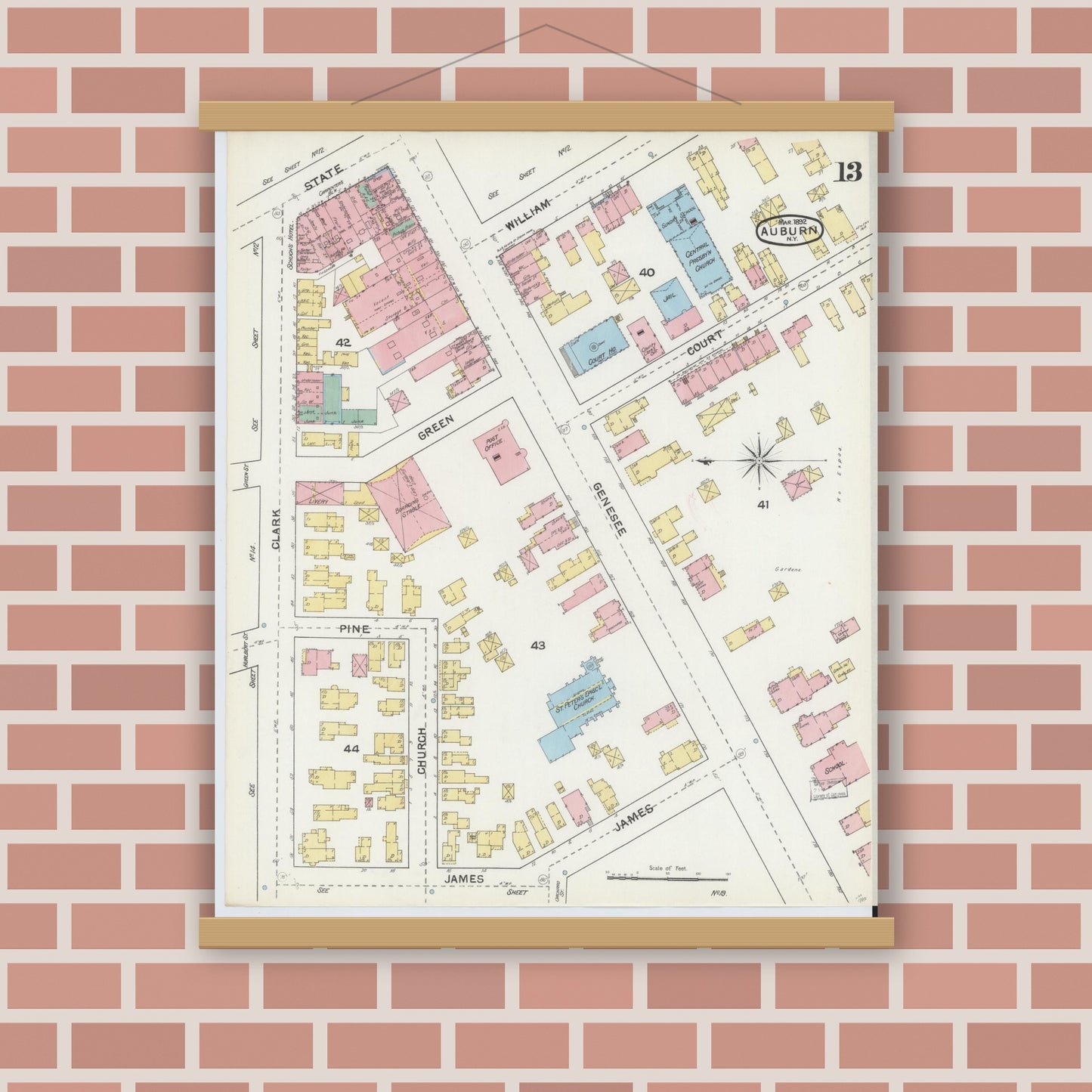 Old map wall art mockup — magnetic wood frame on brick wall — Sanborn Fire Insurance Map from Auburn, Cayuga County, New York (1892), Sheet #0013