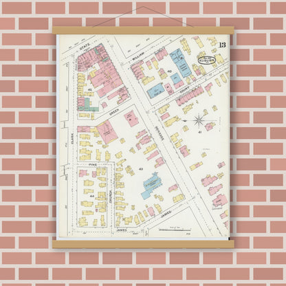 Old map wall art mockup — magnetic wood frame on brick wall — Sanborn Fire Insurance Map from Auburn, Cayuga County, New York (1892), Sheet #0013