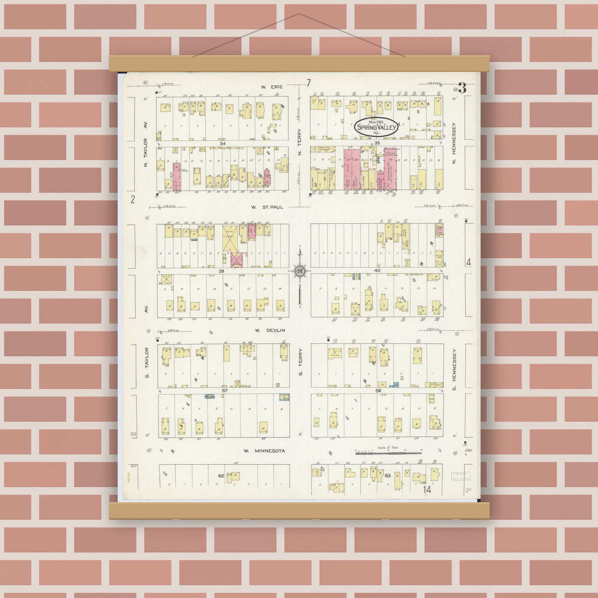 Old map wall art mockup — magnetic wood frame on brick wall — Sanborn Fire Insurance Map from Spring Valley, Bureau County, Illinois (1913), Sheet #0003