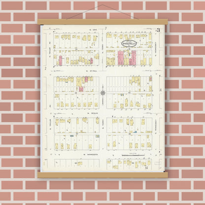 Old map wall art mockup — magnetic wood frame on brick wall — Sanborn Fire Insurance Map from Spring Valley, Bureau County, Illinois (1913), Sheet #0003