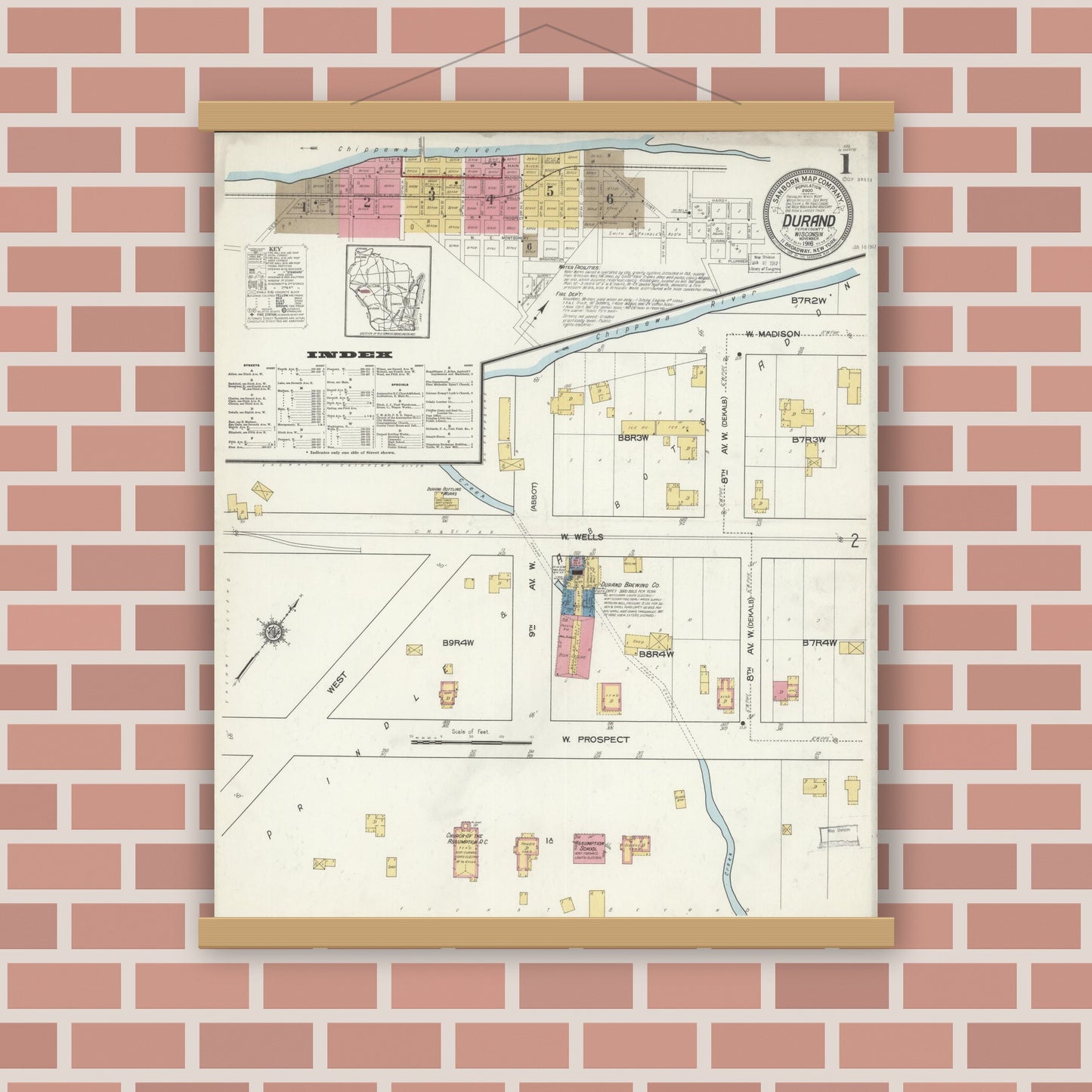 Old map wall art mockup — magnetic wood frame on brick wall — Sanborn Fire Insurance Map from Durand, Pepin County, Wisconsin (1916), Sheet #0001