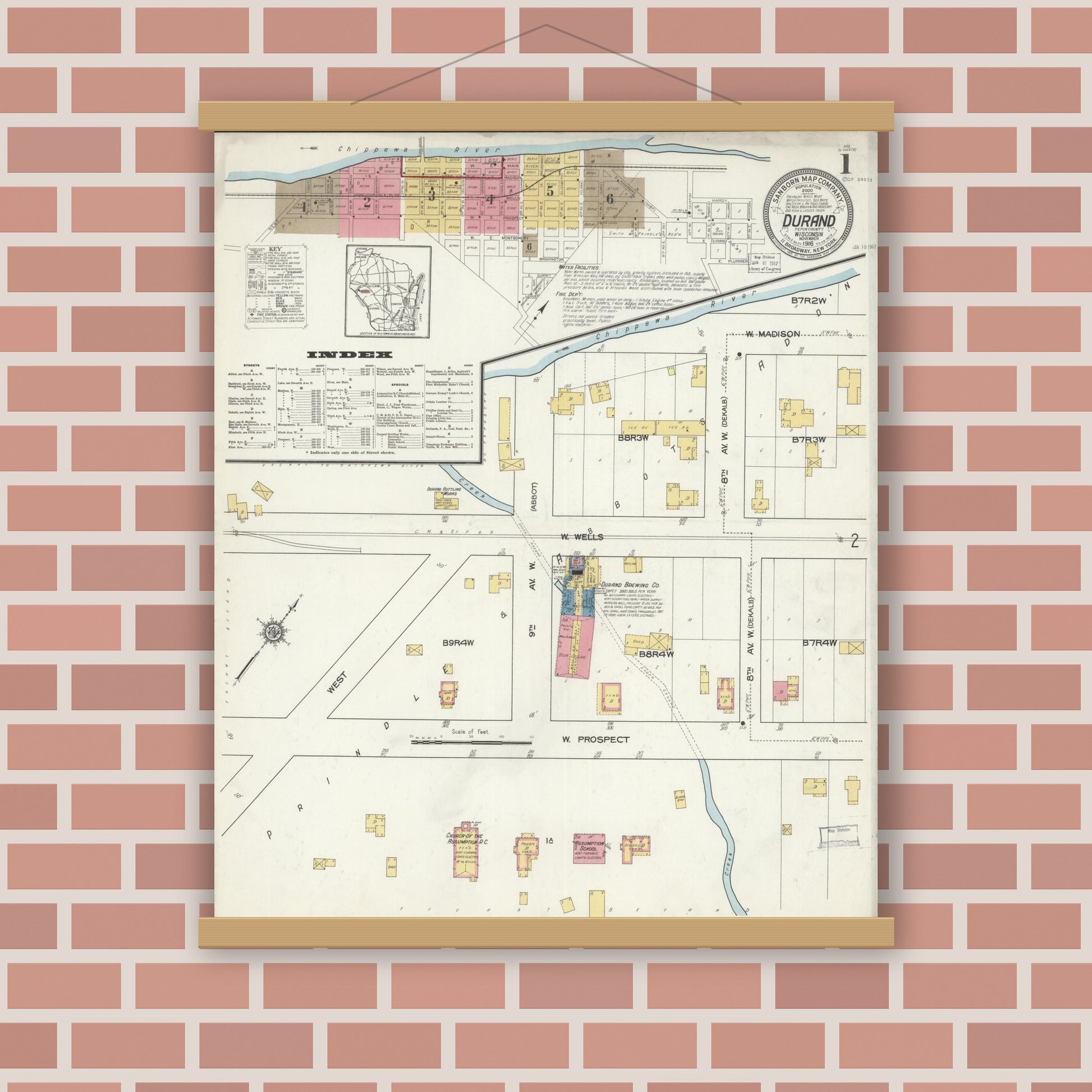 Old map wall art mockup — magnetic wood frame on brick wall — Sanborn Fire Insurance Map from Durand, Pepin County, Wisconsin (1916), Sheet #0001