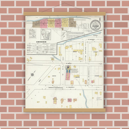 Old map wall art mockup — magnetic wood frame on brick wall — Sanborn Fire Insurance Map from Durand, Pepin County, Wisconsin (1916), Sheet #0001