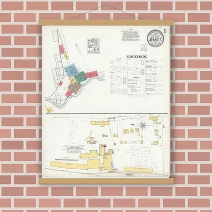 Old map wall art mockup — magnetic wood frame on brick wall — Sanborn Fire Insurance Map from Everett, Bedford County, Pennsylvania (1905), Sheet #0001
