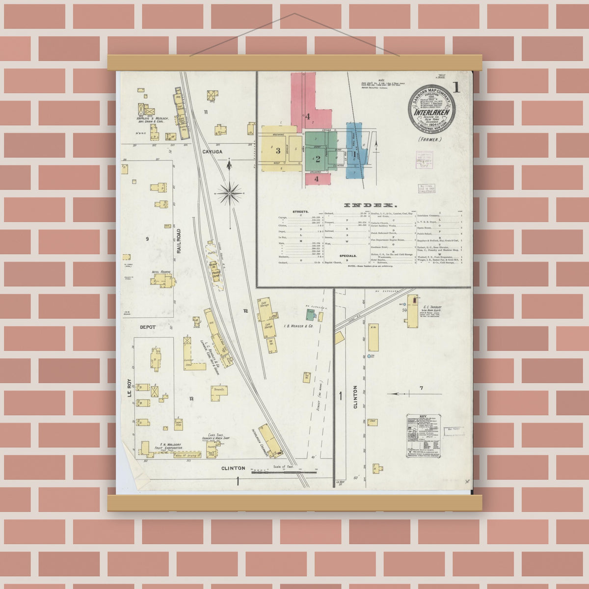 Old map wall art mockup — magnetic wood frame on brick wall — Sanborn Fire Insurance Map from Interlaken, Seneca County, New York (1904), Sheet #0001