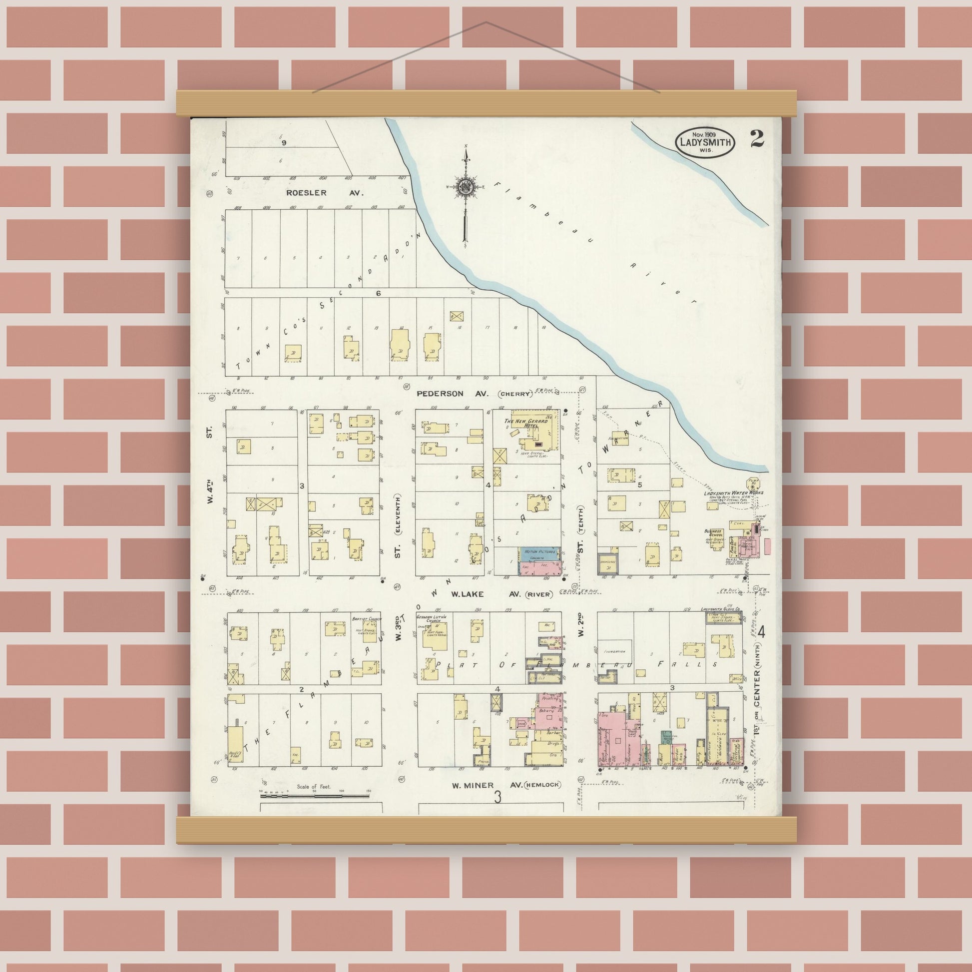 Old map wall art mockup — magnetic wood frame on brick wall — Sanborn Fire Insurance Map from Ladysmith, Rusk County, Wisconsin (1909), Sheet #0002