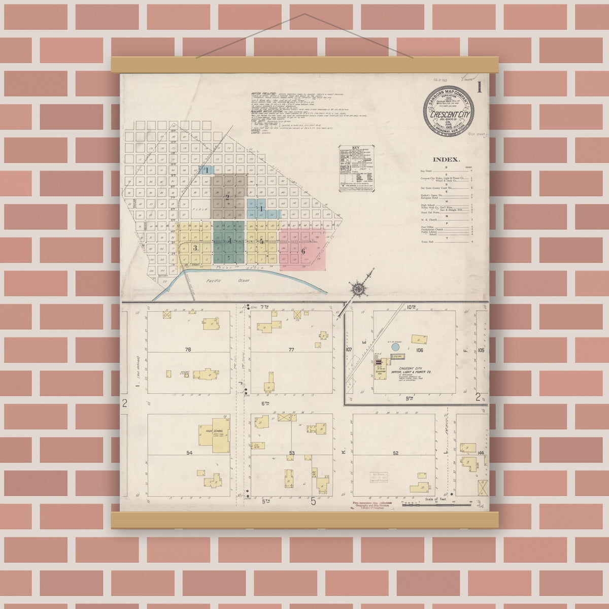Old map wall art mockup — magnetic wood frame on brick wall — Sanborn Fire Insurance Map from Crescent City, Del Norte County, California (1915) - Complete Map Set