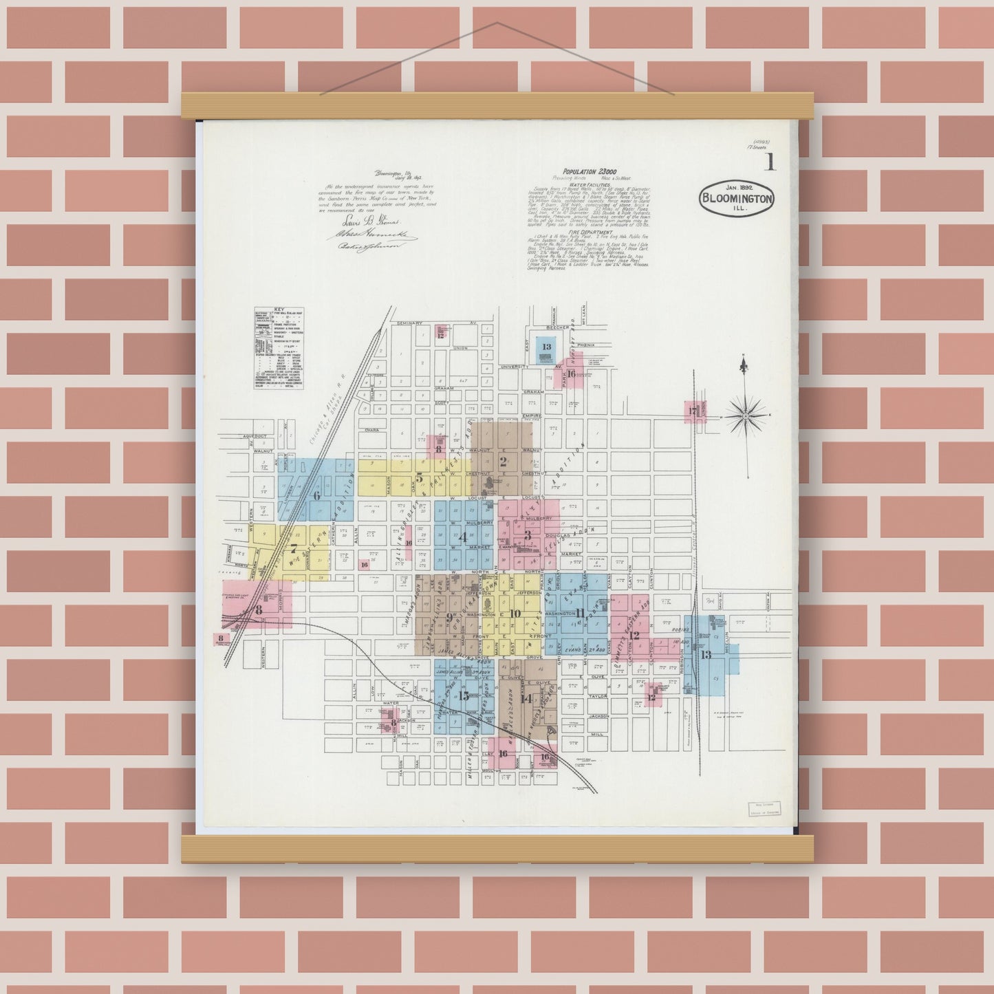 Old map wall art mockup — magnetic wood frame on brick wall — Sanborn Fire Insurance Map from Bloomington, McLean County, Illinois (1892) - Complete Map Set