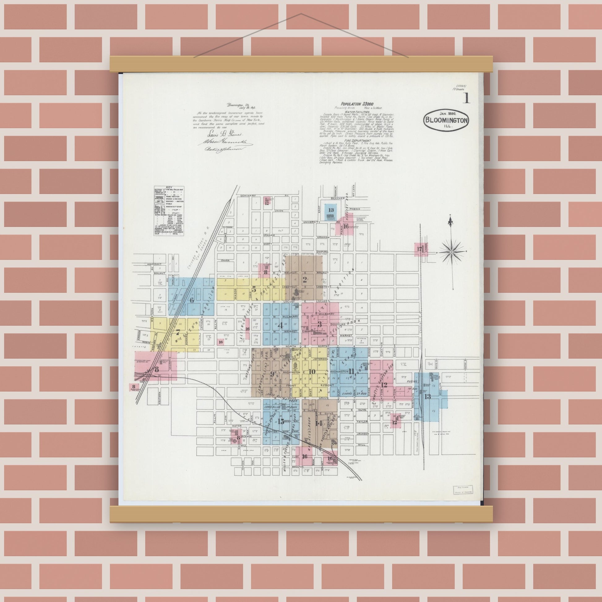 Old map wall art mockup — magnetic wood frame on brick wall — Sanborn Fire Insurance Map from Bloomington, McLean County, Illinois (1892) - Complete Map Set