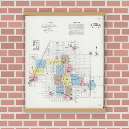 Old map wall art mockup — magnetic wood frame on brick wall — Sanborn Fire Insurance Map from Bloomington, McLean County, Illinois (1892) - Complete Map Set