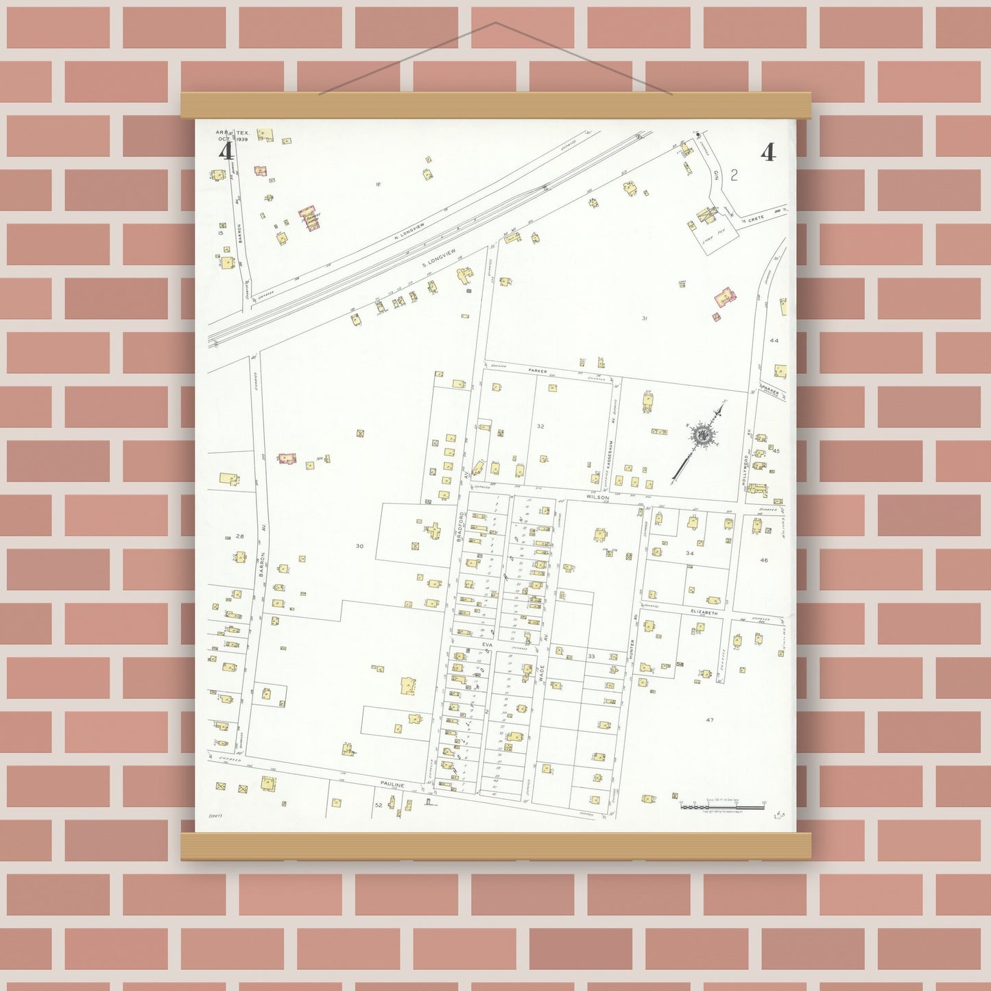 Old map wall art mockup — magnetic wood frame on brick wall — Sanborn Fire Insurance Map from Arp, Smith County, Texas (1939), Sheet #0004