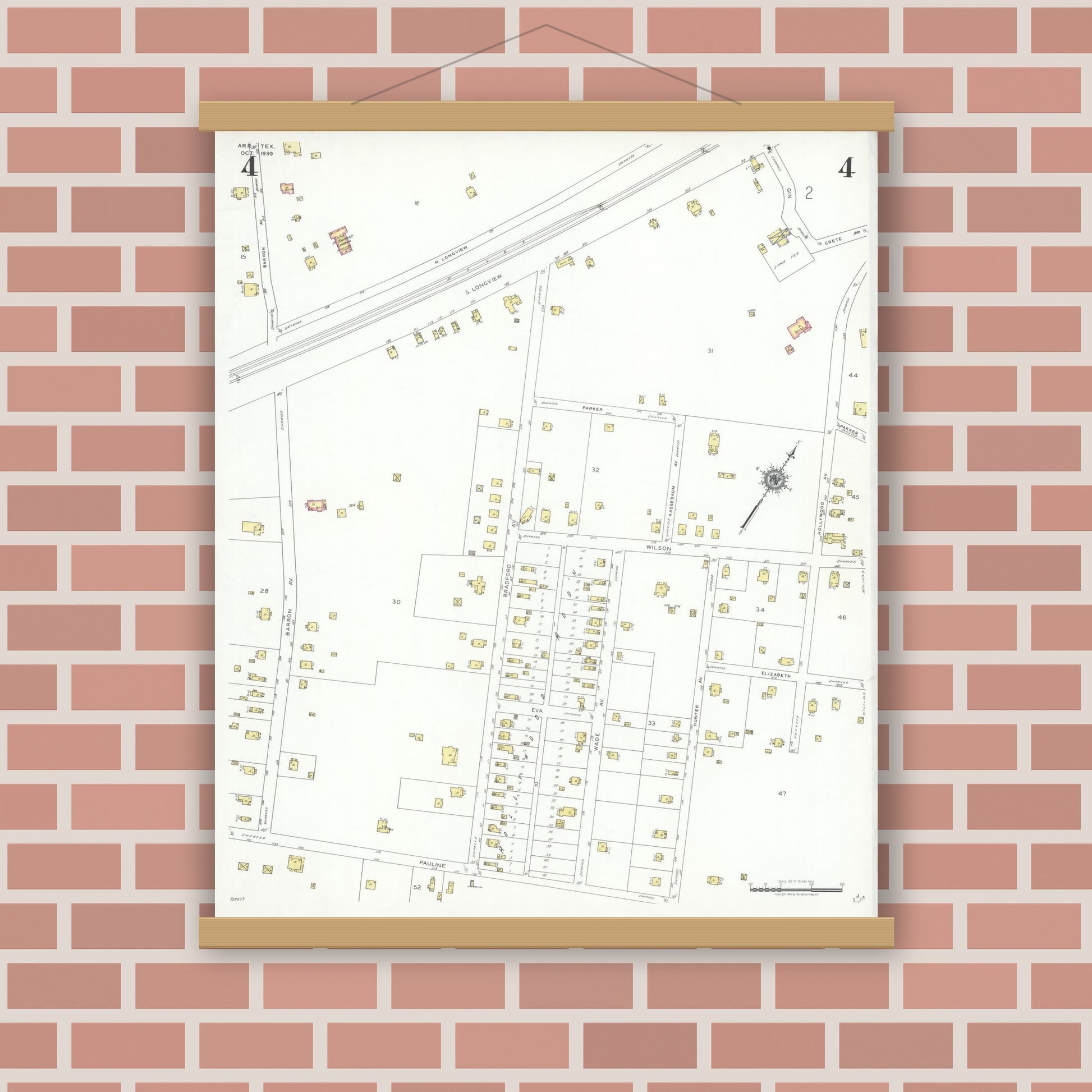 Old map wall art mockup — magnetic wood frame on brick wall — Sanborn Fire Insurance Map from Arp, Smith County, Texas (1939), Sheet #0004