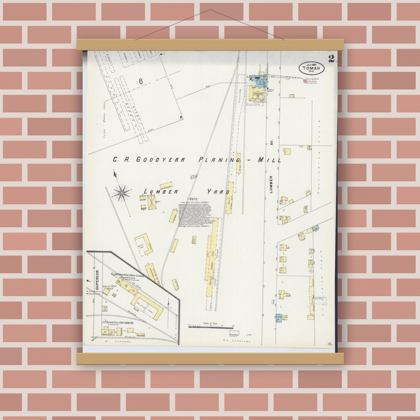 Old map wall art mockup — magnetic wood frame on brick wall — Sanborn Fire Insurance Map from Tomah, Monroe County, Wisconsin (1897), Sheet #0002