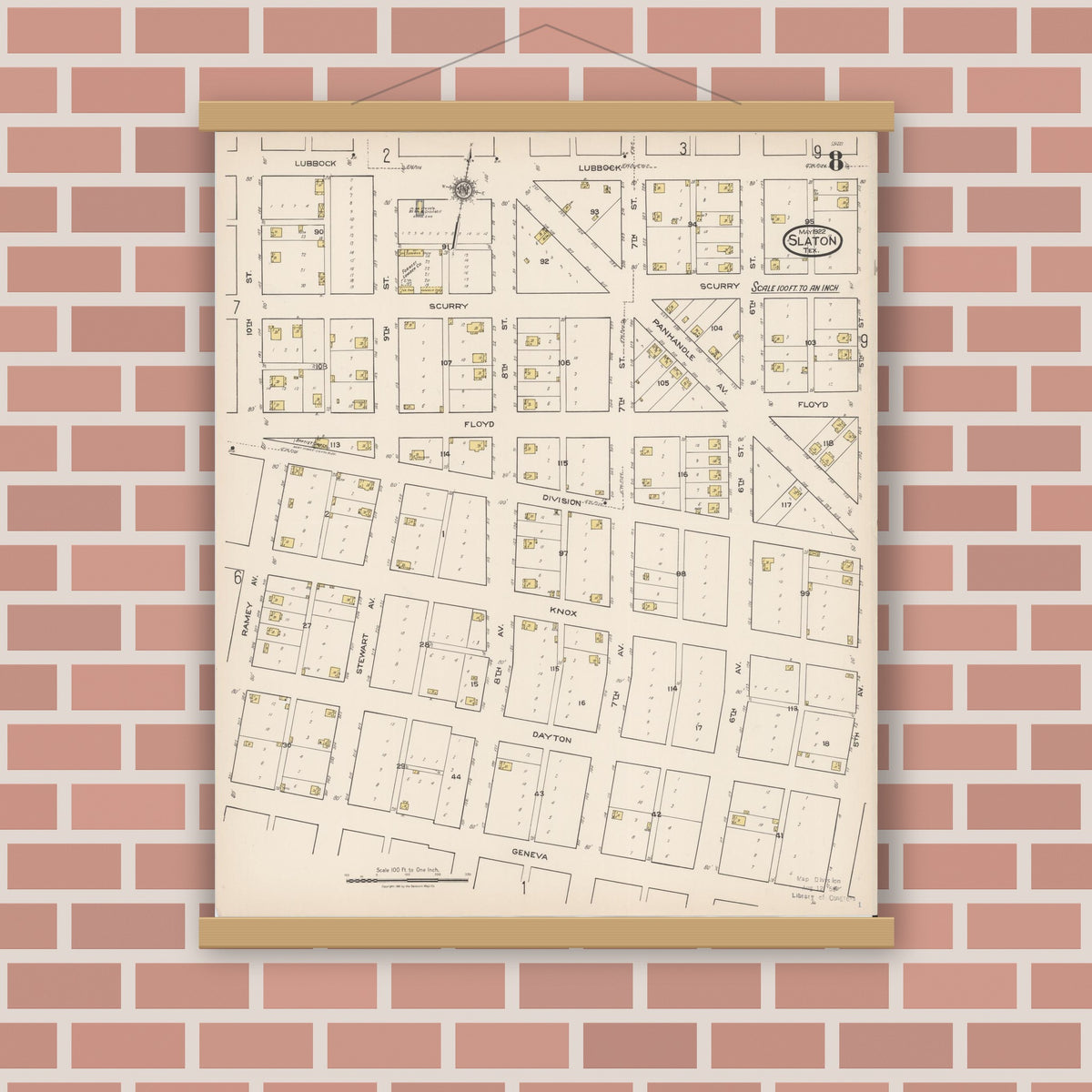 Old map wall art mockup — magnetic wood frame on brick wall — Sanborn Fire Insurance Map from Slaton, Lubbock County, Texas (1922), Sheet #0008