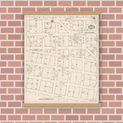 Old map wall art mockup — magnetic wood frame on brick wall — Sanborn Fire Insurance Map from Slaton, Lubbock County, Texas (1922), Sheet #0008