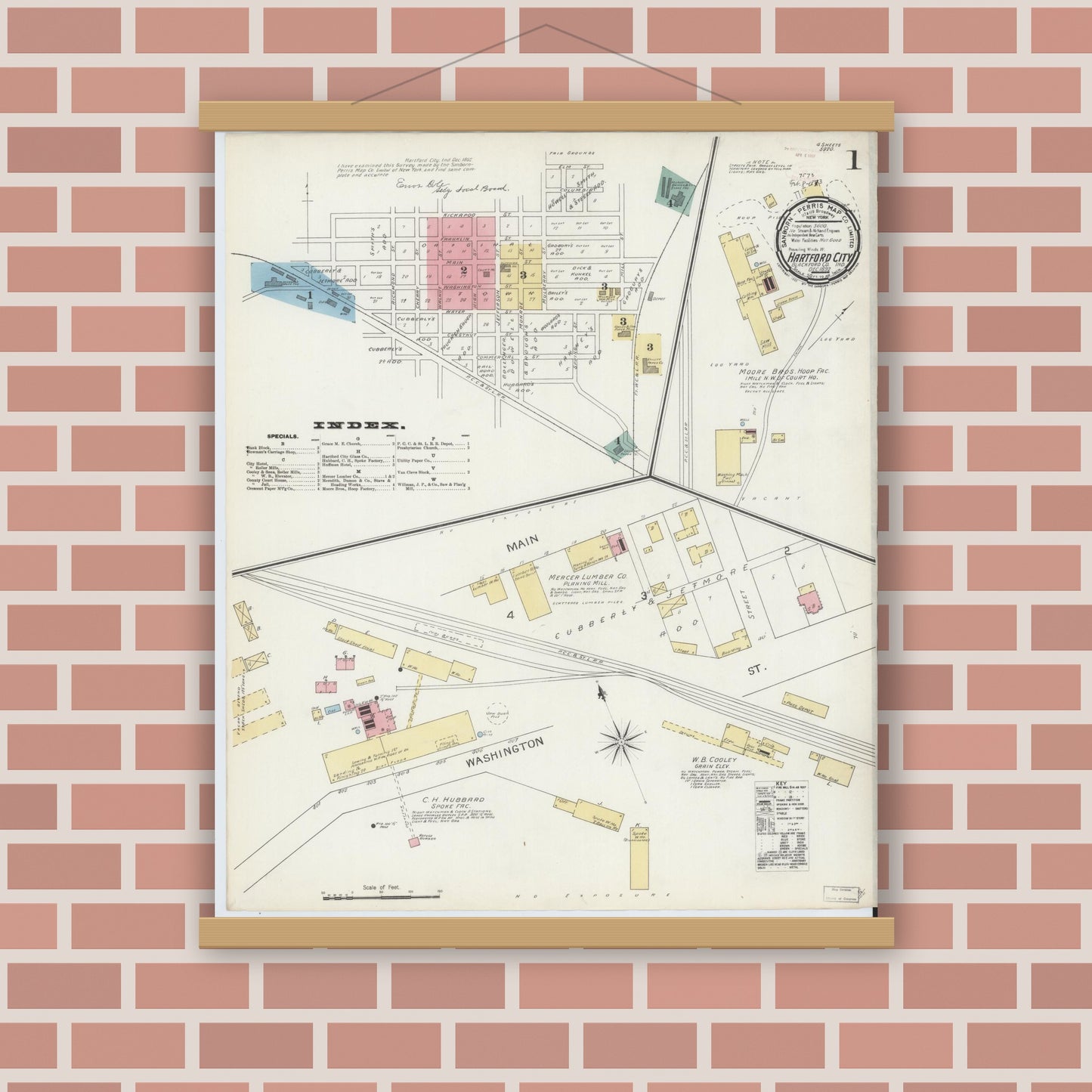 Old map wall art mockup — magnetic wood frame on brick wall — Sanborn Fire Insurance Map from Hartford City, Blackford County, Indiana (1892) - Complete Map Set